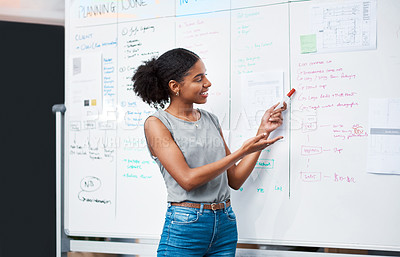 Buy stock photo Businesswoman, coach and project manager planning a strategy and brainstorming ideas on a whiteboard during her presentation. Young entrepreneur and leader explaining plan for success during seminar