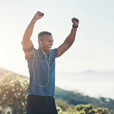 Buy stock photo Victory, fitness and black man in nature, outdoor and earphones for exercise, training and workout. Summer, winner and athlete on hill, excited and sport for person, healthy and muscle in weekend