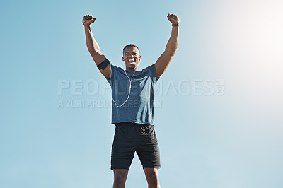 Buy stock photo Winner, fitness and black man in nature, outdoor and earphones for exercise, training and workout. Summer, victory and athlete on hill, excited and sport for person, healthy and muscle in weekend