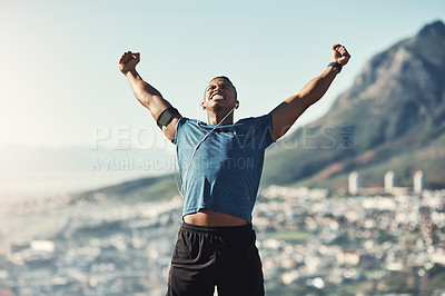 Buy stock photo Excited, fitness and black man in nature, outdoor and earphones for exercise, training and workout. Summer, winner and athlete on hill, victory and sport for person, healthy and muscle in weekend