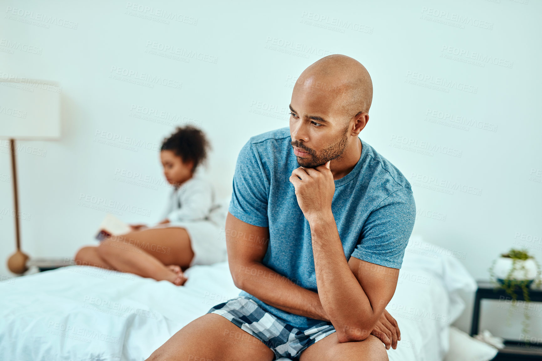 Buy stock photo Couple, man and ignore on bed with fight in marriage for infidelity, argument and disagreement in home. People, unhappy and conflict for toxic relationship, divorce and drama in bedroom for cheating