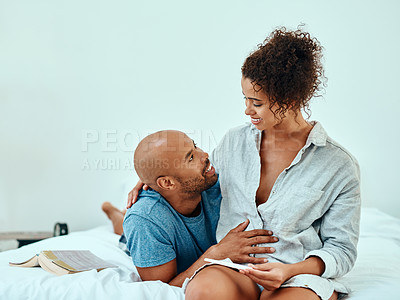 Buy stock photo Pregnancy test, excited and couple with results in bedroom for fertility, family planning and ovulation. Love, home and man and woman for positive maternity, pregnant sign or contraception success