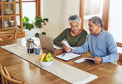 Buy stock photo Finance, laptop and senior couple with bills, paperwork and receipt documents for life insurance. Retirement, fintech and elderly man and woman on computer for mortgage payment, investment and budget