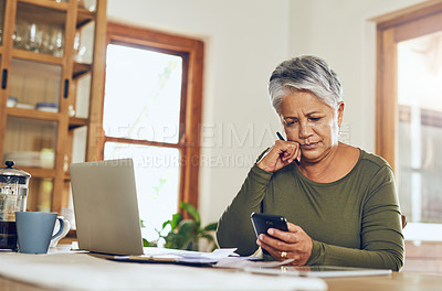 Buy stock photo Senior woman, phone budget planning and health insurance checklist at home. Writing, contract and elderly female person with mobile banking, tax and pension form in a house with bills and debt