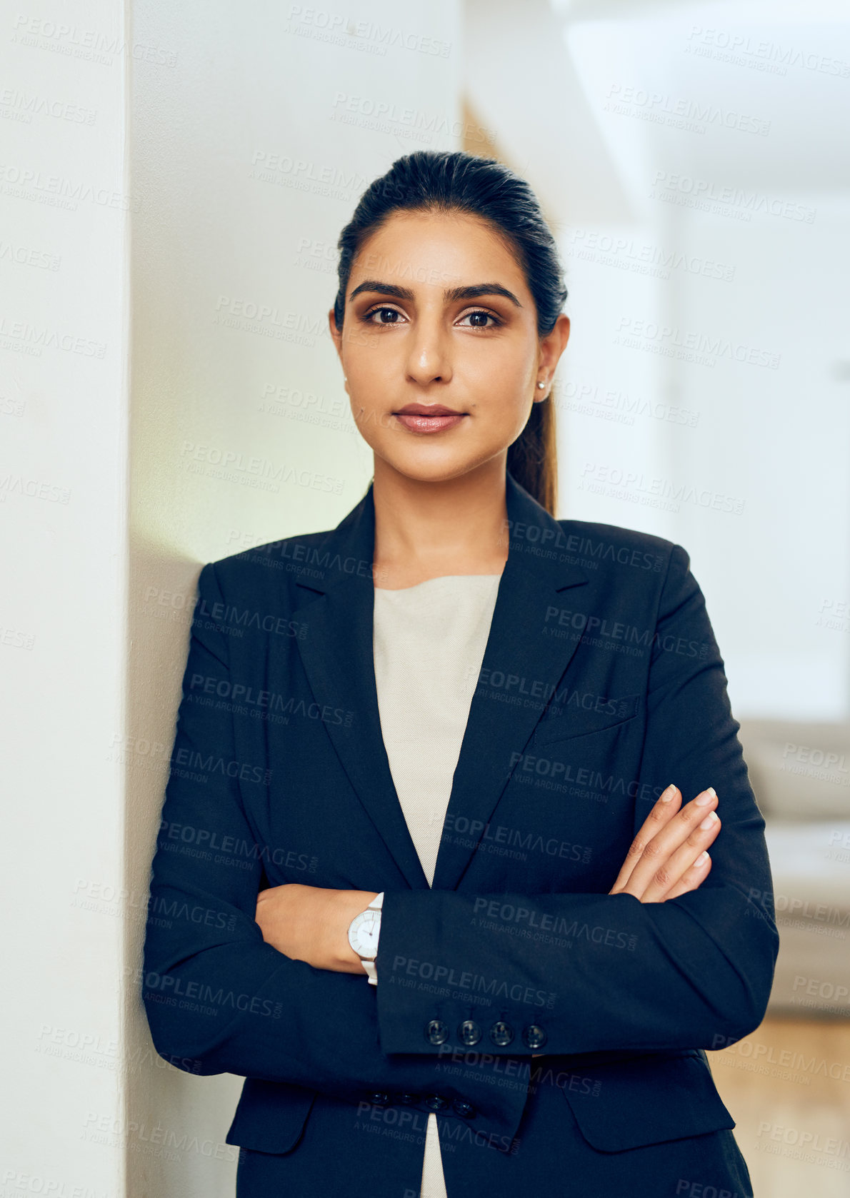 Buy stock photo Business woman, portrait and arms crossed of a lawyer employee at a law firm. Focus, company worker and female person with confidence and proud from professional attorney job and work success