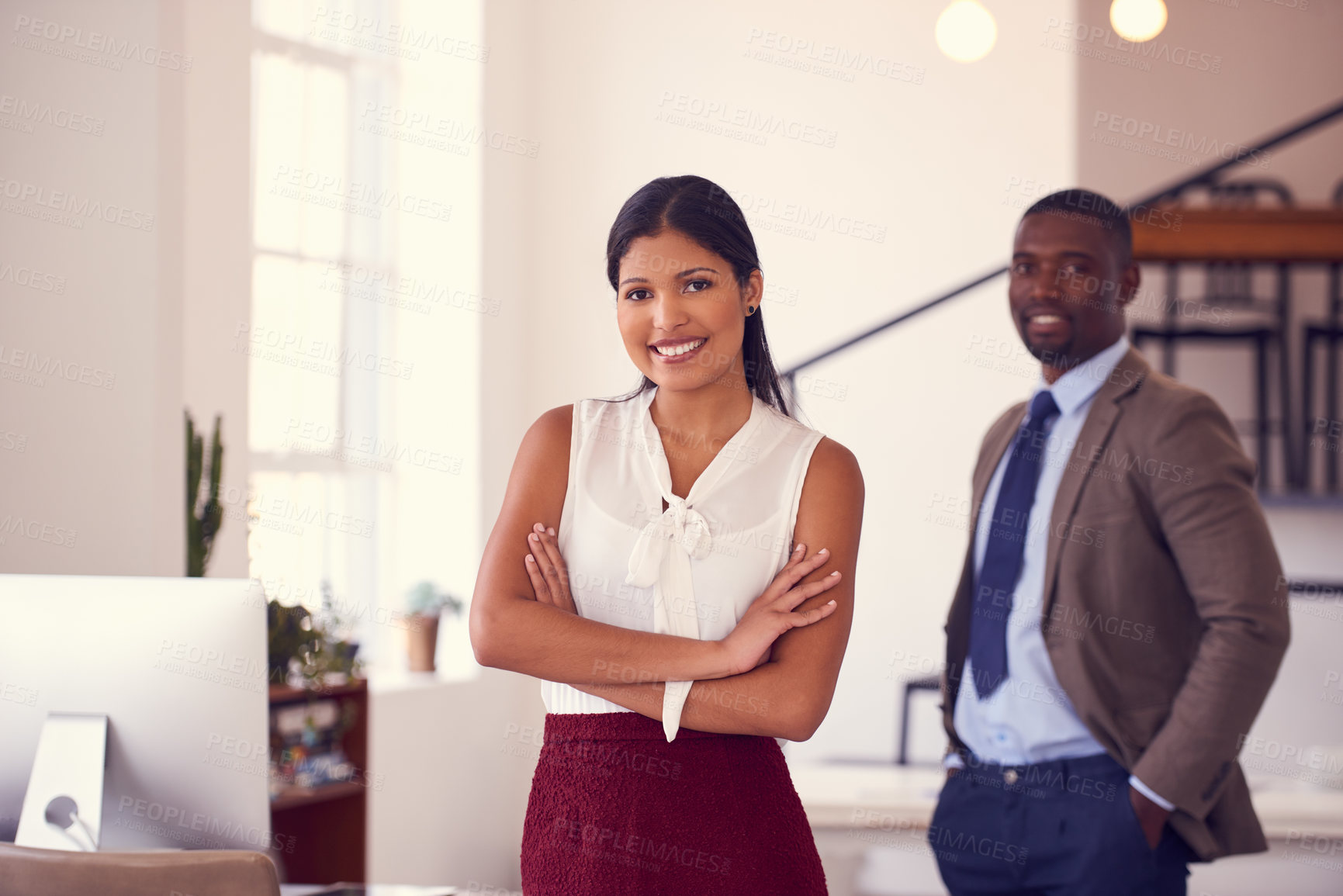 Buy stock photo Portrait of two businesspeople standing in an office