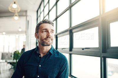 Buy stock photo Thinking, startup and man at office window, creative ideas for business project or entrepreneur at design agency. Young boss with creativity, idea and focus, businessman with future plan in workspace