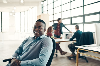 Buy stock photo Portrait of black man with smile at office, creative startup entrepreneur with ideas for business project. Leader with creativity, ideas and happy African businessman with plan in designer workspace.