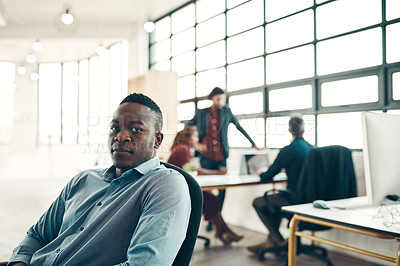 Buy stock photo Portrait of black man at office, boss and startup entrepreneur with creative ideas for business project. Leader with creativity, ideas and African businessman with plan in designer tech workspace.