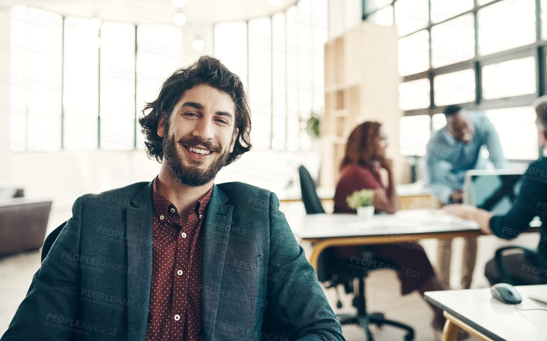 Buy stock photo Creative office, portrait of happy man in coworking space or design agency, start up business and entrepreneur at studio. Boss with creativity, ideas and happiness, businessman with success and smile