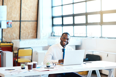 Buy stock photo African man, portrait and laptop as management, employee and accountant in finance company. Male person, happy and tech with email, project and portfolio for tax review, development or small business