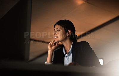Buy stock photo Thinking, overtime and focus, woman in office reading email or online report idea at start up agency. Corporate night work, challenge and businesswoman at desk working late on computer for job ideas.