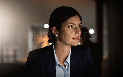 Buy stock photo Ideas, night work and problem solving, woman in office reading email or online report idea at start up agency. Corporate overtime, thinking and focus, businesswoman at desk working late on project.
