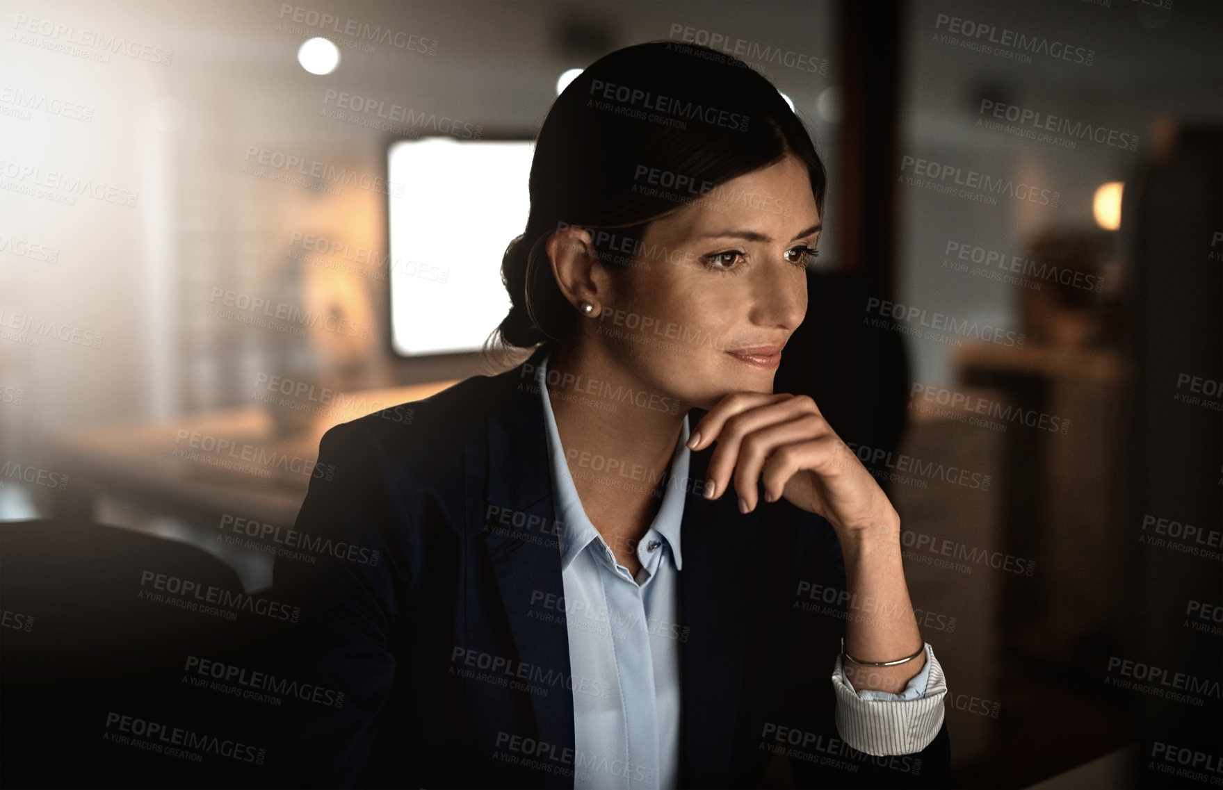 Buy stock photo Thinking, night and business with woman, problem solving and solution with lawyer or attorney. Ideas for court case, legal aid or evening with person or planning with research for defence or pro bono
