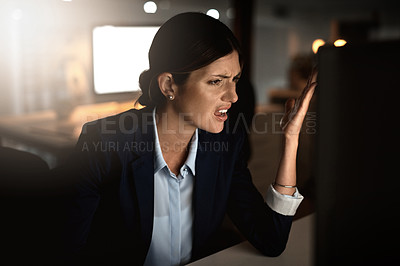 Buy stock photo Angry, woman or computer in business, stress or glitch of it, digital or software question in office. Female employee, upset or worry at pc, technology or 404 error in corporate, ux or web experience