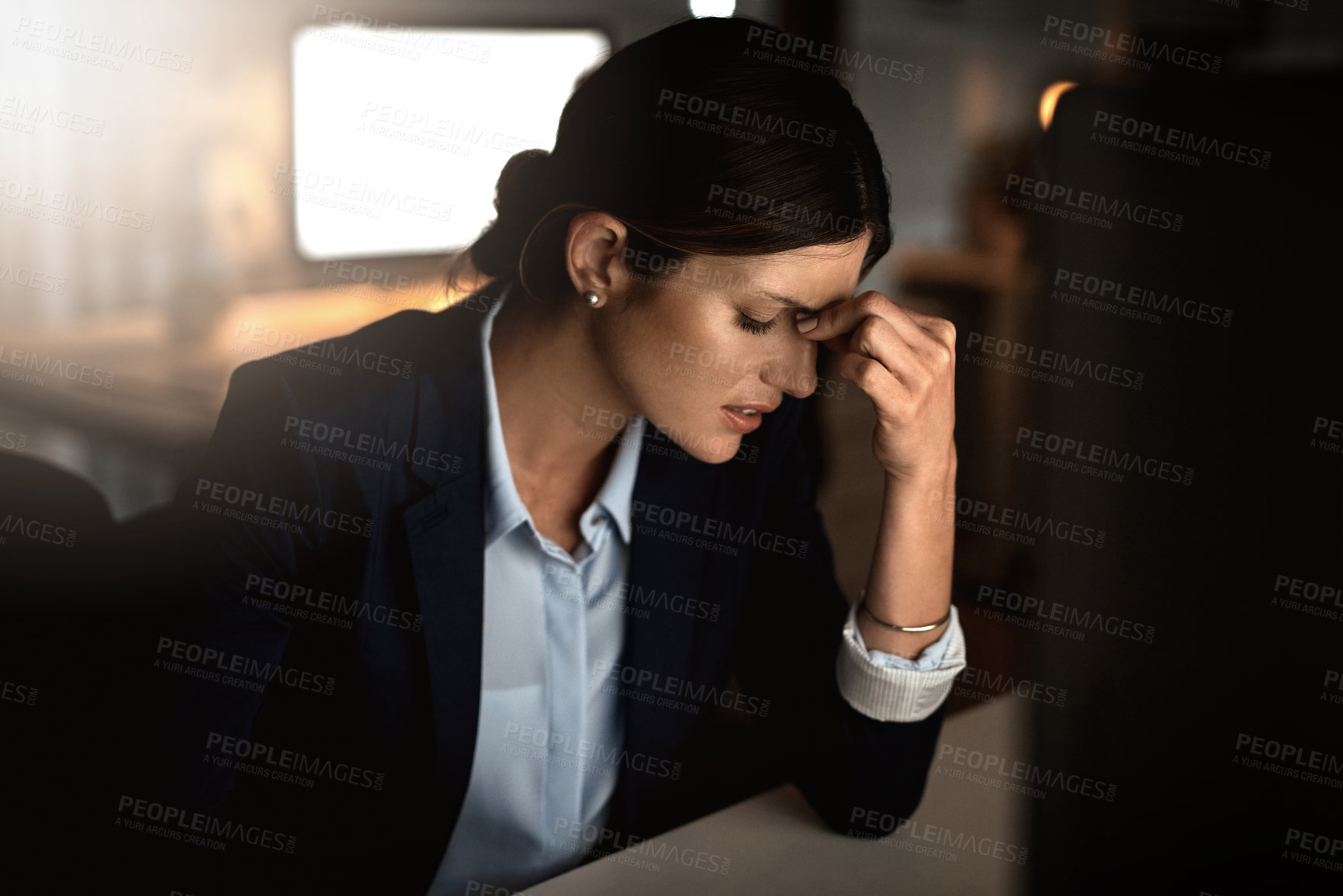 Buy stock photo Upset, woman or stress in business, burnout or glitch of it, digital or software question in office. Female employee, angry or eyes closed at negative, experience or tech in corporate, web or ux 404