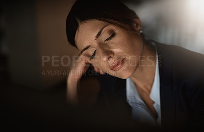 Buy stock photo Sleeping, night or tired businesswoman by computer overwhelmed by deadlines with fatigue at desk. Lazy worker, burnout or exhausted consultant resting in nap or overtime with stress, dark or debt