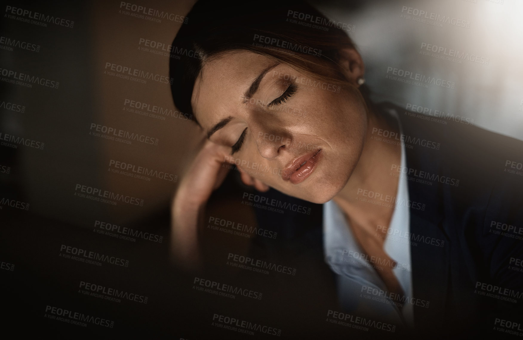 Buy stock photo Sleeping, night or tired businesswoman by computer overwhelmed by deadlines with fatigue at desk. Lazy worker, burnout or exhausted consultant resting in nap or overtime with stress, dark or debt