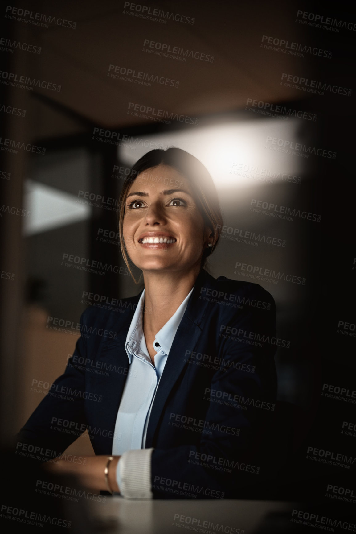 Buy stock photo Thinking, night and corporate with woman, problem solving and solution with online reading for email or tax attorney. Ideas for court case, legal aid or office with person or planning with research