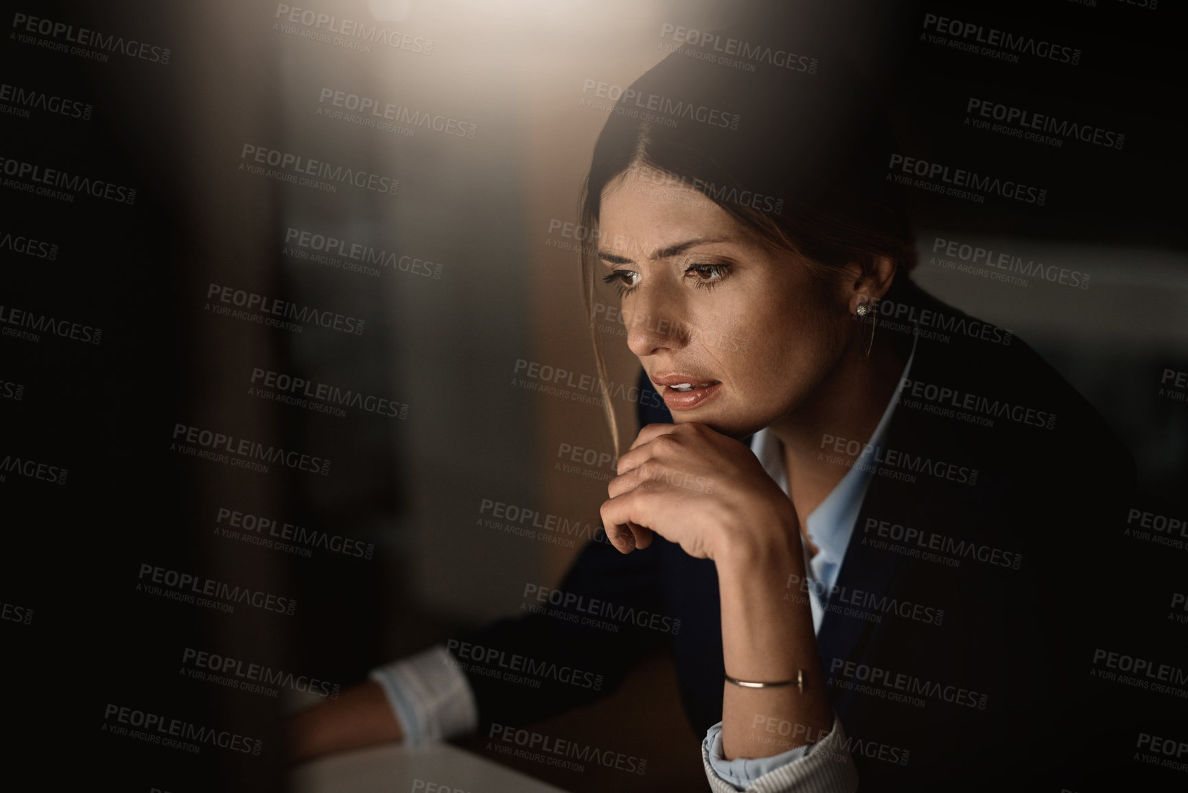 Buy stock photo Computer, thinking and professional woman ideas for business review, software check and solution at night. Corporate person with information technology, desktop problem solving and research analysis