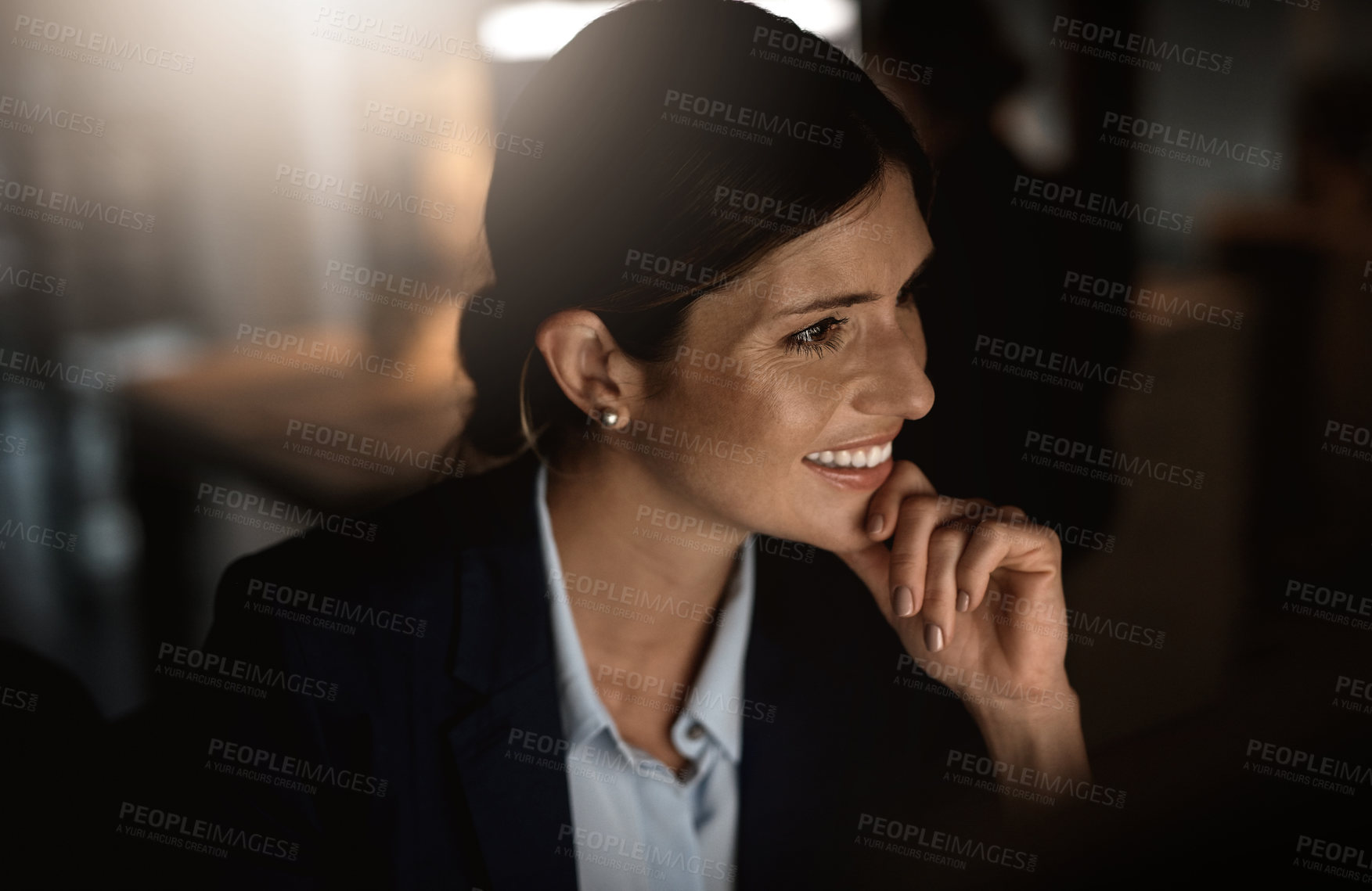 Buy stock photo Thinking, night and business with woman, problem solving and solution with lawyer and planning for proposal. Legal aid and midnight with person and choice with research for client defence or decision