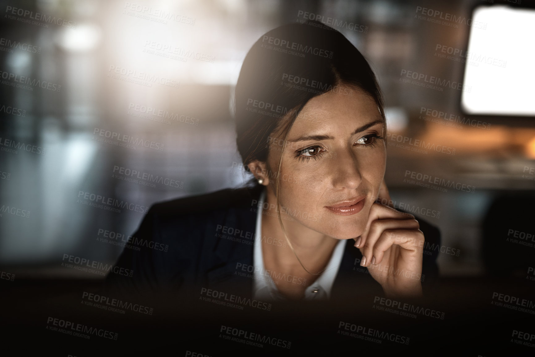 Buy stock photo Thinking, overtime and woman in office reading email, proposal or problem solving at start up agency. Corporate night work, ideas and time management, business worker at desk working on online report