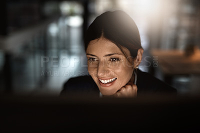 Buy stock photo Night, thinking and woman in office with smile for research, website review or networking. Reading, internet search and businesswoman at computer for online report, article or email in dark workplace
