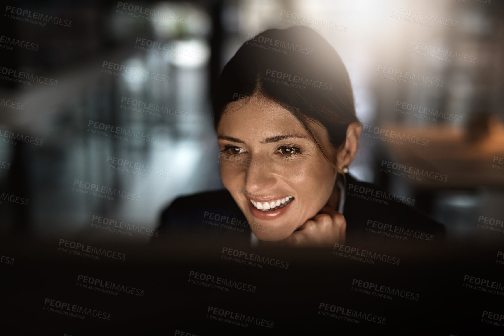 Buy stock photo Night, thinking and woman in office with smile for research, website review or networking. Reading, internet search and businesswoman at computer for online report, article or email in dark workplace