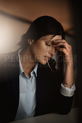 Buy stock photo Tired, headache and business woman in pain at night for career migraine, burnout and mental health risk or depression. Depressed, anxiety or person with mistake stress, frustrated or fatigue problem