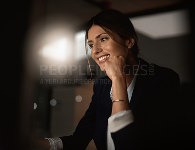 Buy stock photo Thinking, night and business with woman, accountant and solution with company audit and tax attorney. Workaholic, broker and evening with person and agent with research and decision for insider trade