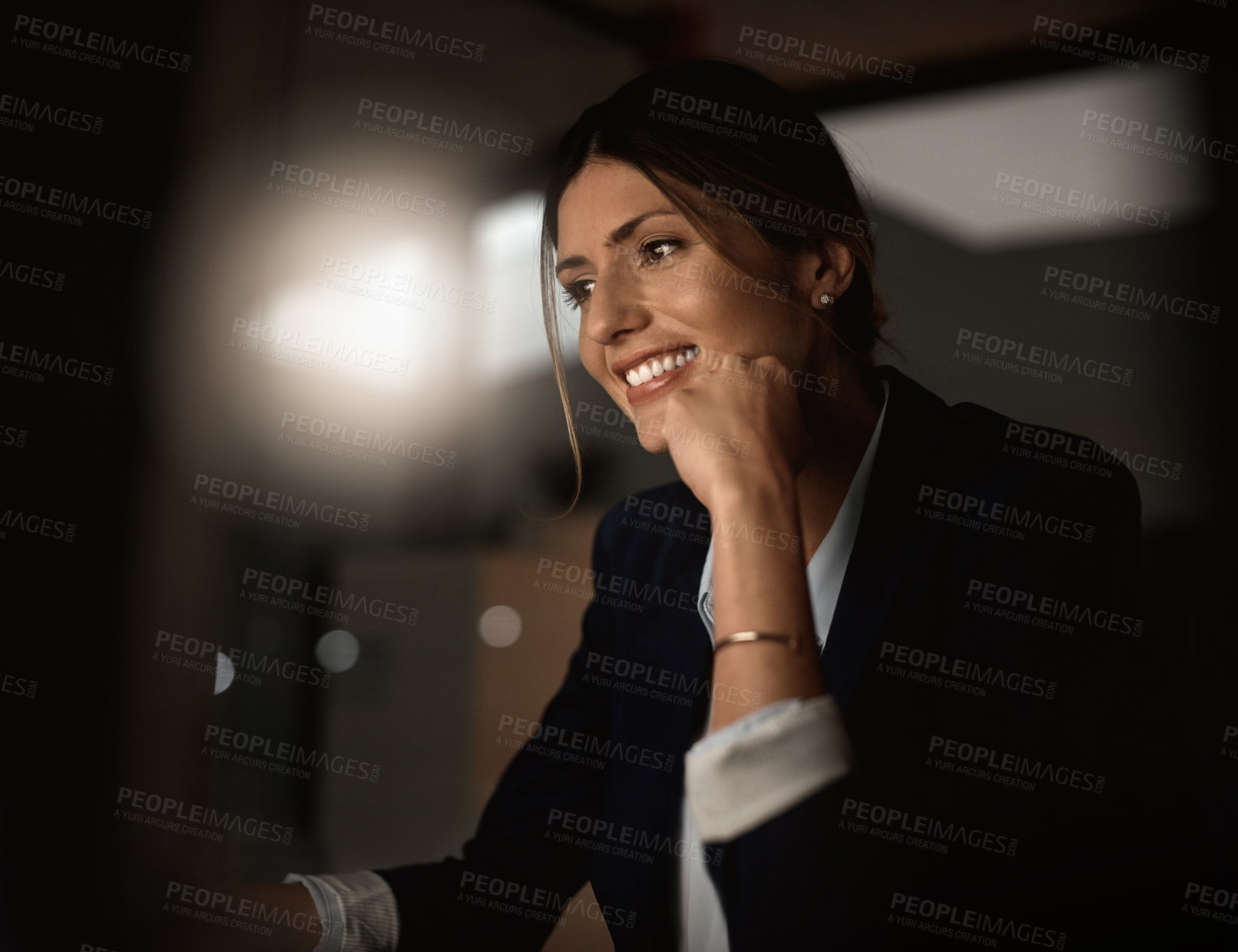 Buy stock photo Thinking, night and business with woman, accountant and solution with company audit and tax attorney. Workaholic, broker and evening with person and agent with research and decision for insider trade