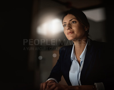 Buy stock photo Night, email and woman in office with computer for research, website review or networking. Reading, internet search and businesswoman at desk with online report, article or thinking in dark workplace