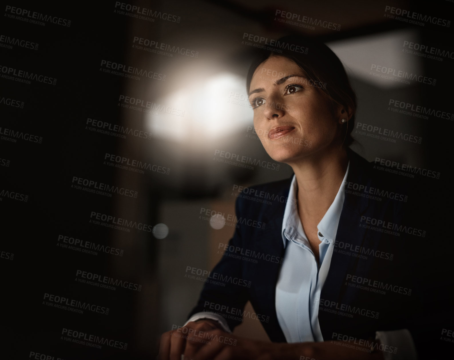 Buy stock photo Night, email and woman in office with computer for research, website review or networking. Reading, internet search and businesswoman at desk with online report, article or thinking in dark workplace