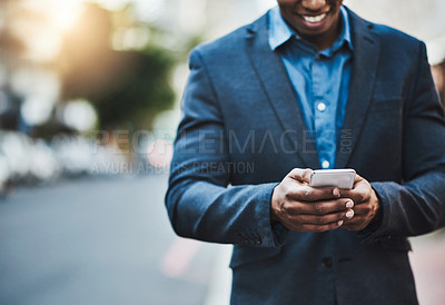 Buy stock photo Business mockup, phone and man in city for networking, online website and social media contact. Communication, mobile app and male person on smartphone for email, research and travel gps in street