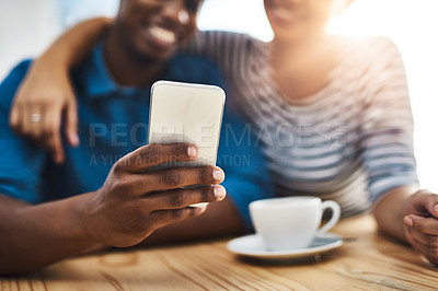 Buy stock photo Hands, cafe and couple with smartphone, internet and social media with app for restaurant menu. Interracial, connection and man with woman, cellphone and communication with text message and closeup