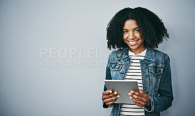 Buy stock photo Smile, portrait and black woman with tablet in studio for email, contact or networking on internet. Scroll, mockup and girl on digital app for online chat, social media or post on white background