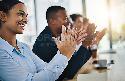 Buy stock photo Business people, conference and clapping hands for presentation, partnership and agreement in office. Group, celebration and workers applause in team building seminar, announcement or support meeting