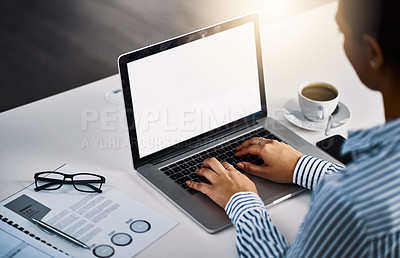 Buy stock photo Laptop screen, documents and hands of business woman in office for email, seo review and client feedback. Mockup, website and schedule with closeup of employee typing for report and planning