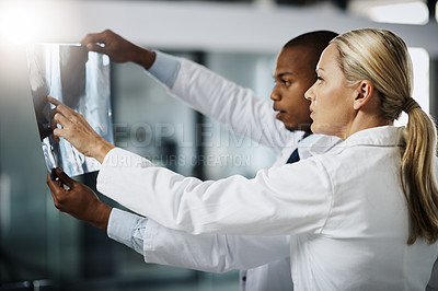 Buy stock photo Cropped shot of two scientists looking at an x ray while doing research in their lab