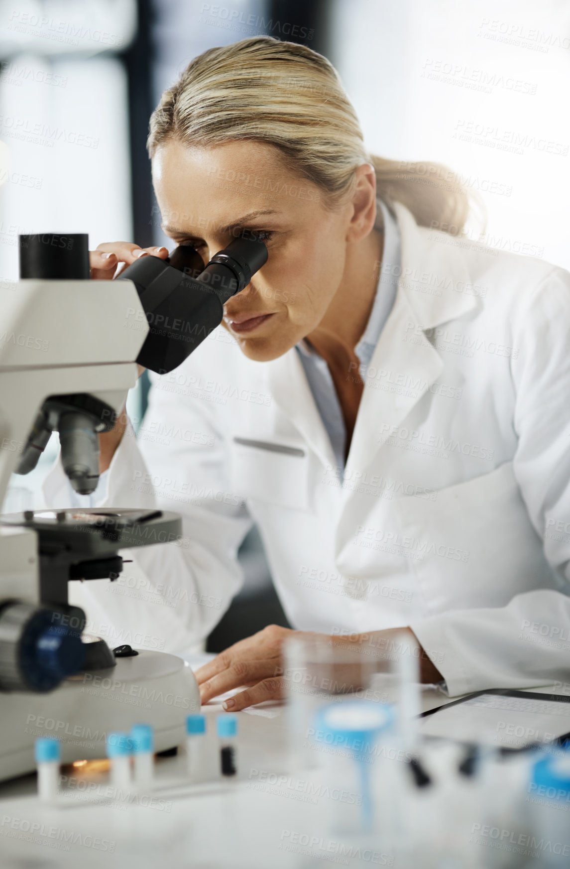 Buy stock photo Cropped shot of an attractive mature female scientist using a microscope while doing research in her lab