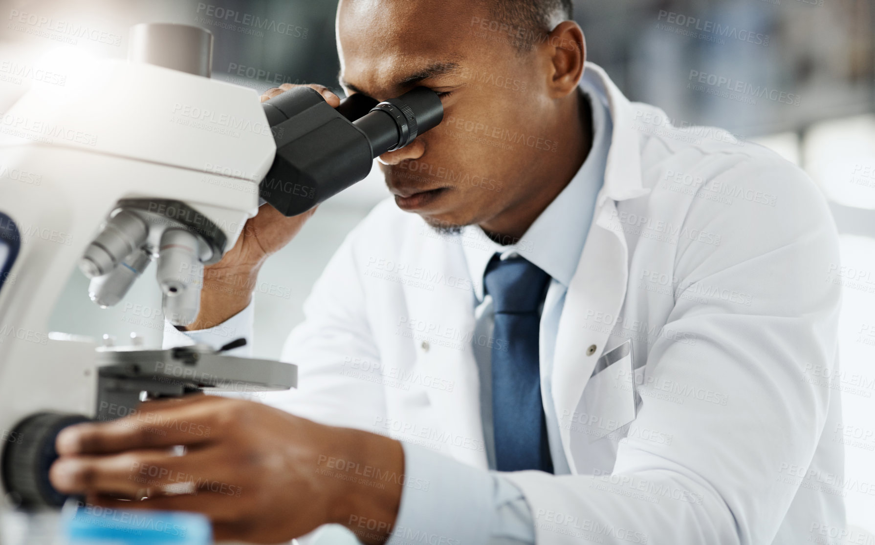 Buy stock photo Black man, microscope and research in lab for science, innovation and development in medical study. Scientist, tech and investigation in workplace for forensic analysis, chemistry and biotechnology