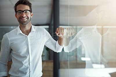 Buy stock photo Businessman, portrait and smile at window with glasses, professional or pride for career development. Lawyer, employee or happy in office for ambition, case opportunity or space in workplace in Italy