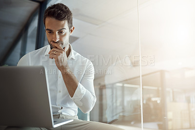 Buy stock photo Laptop, thinking and business man reading email for sales update, feedback or budget report. Serious, computer and planning, problem solving or reflection for solution or idea on glass wall in office