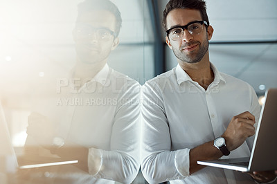 Buy stock photo Man, portrait and laptop at window for business, email response and smile for career development. Journalist, glasses and computer in agency for article release, news research and space in Italy