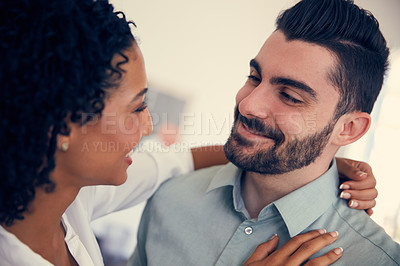 Buy stock photo Cropped shot of a young affectionate couple in the office