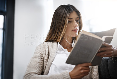 Buy stock photo Relax, reading and girl with book on a sofa for knowledge, learning or self improvement at home. Peace, notebook and woman in living room with novel, literature or information while resting in house