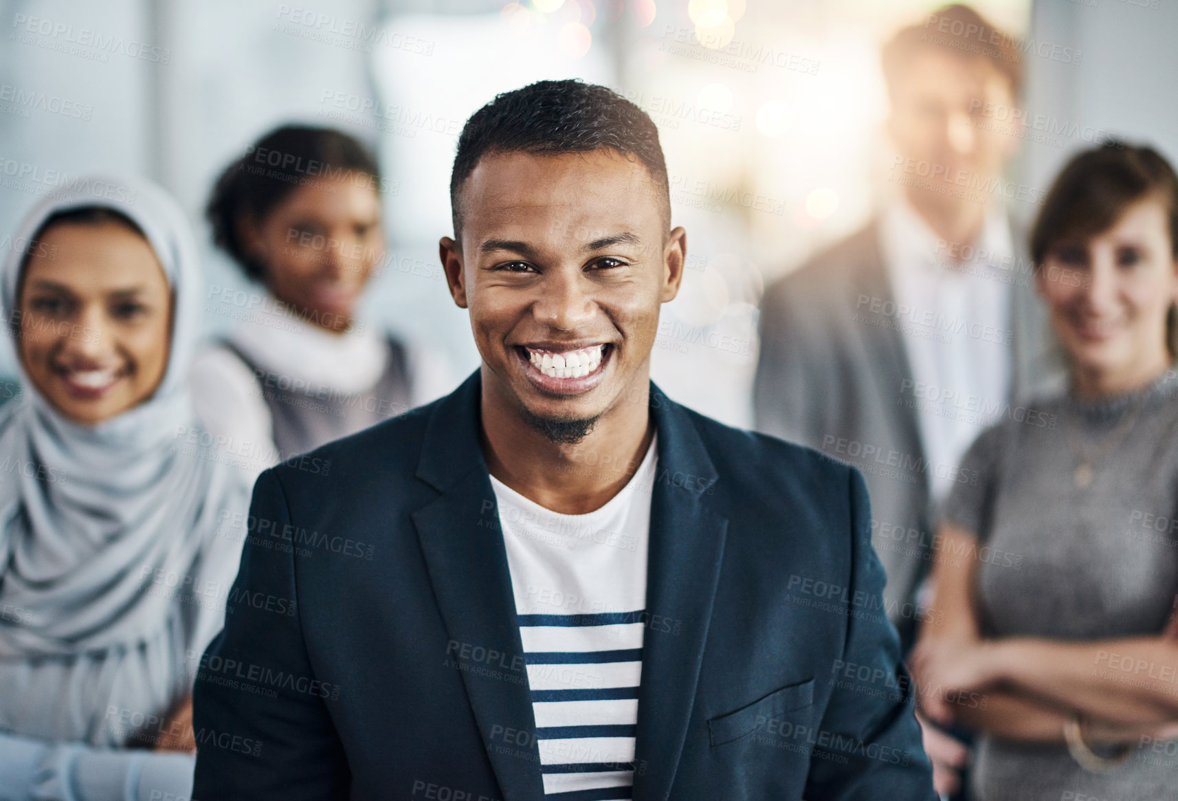 Buy stock photo Leadership, smile and portrait of happy man with team, confidence and solidarity at global consultancy. About us, manager and business people in office for professional diversity, trust and support