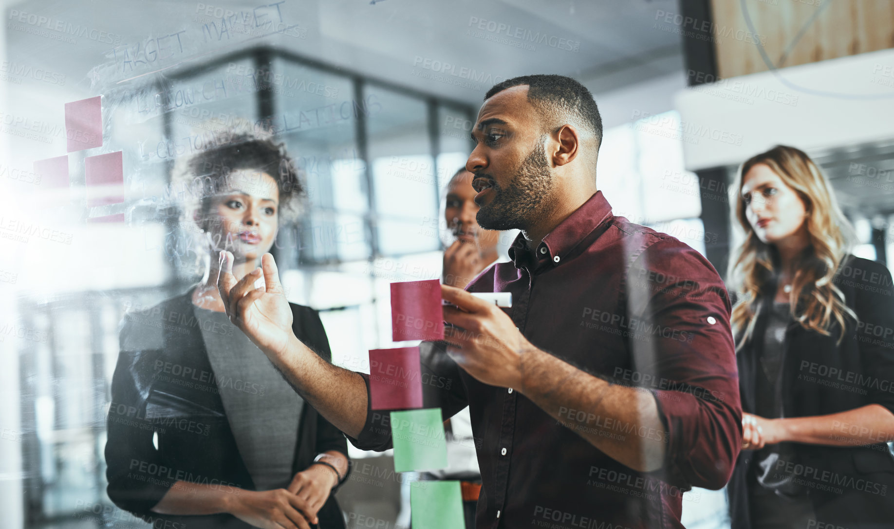 Buy stock photo Sticky notes, glass and brainstorming of group, office and collaboration of employees for stock market. Discussion, trader and people with ideas, ambitious and planning for investment opportunity