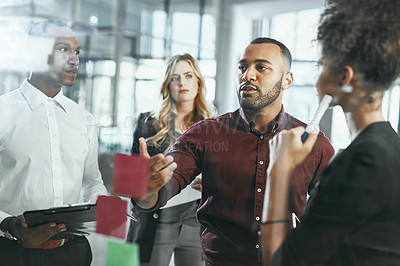 Buy stock photo Sticky notes, glass and discussion of people, office and collaboration of employees for stock market. Brainstorming, trader and group with ideas, ambitious and planning for investment opportunity