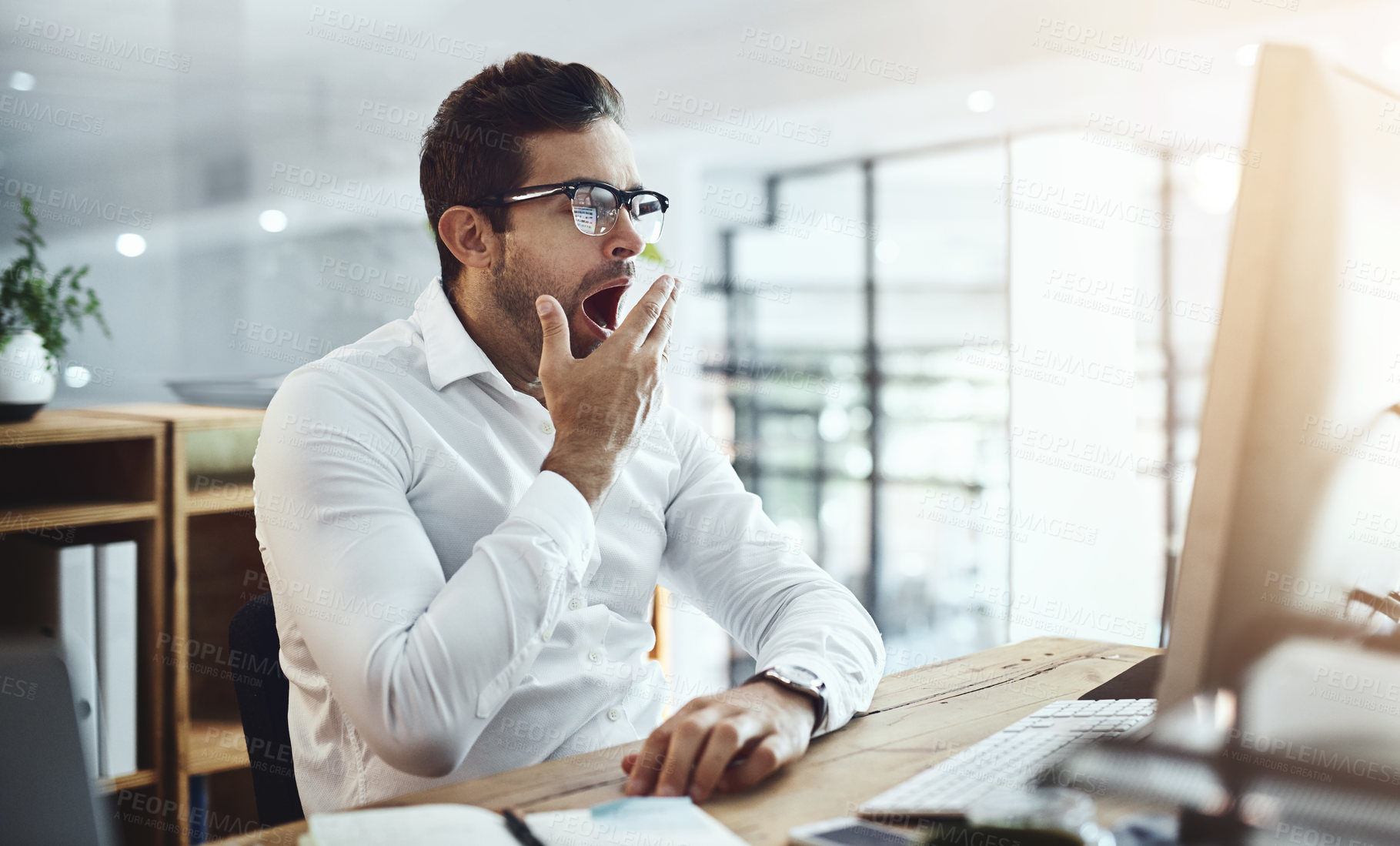 Buy stock photo Tired, yawn and businessman in office on computer for deadline on web design, project and research. Corporate, burnout and exhausted, fatigue and overworked worker with insomnia on pc for website ui